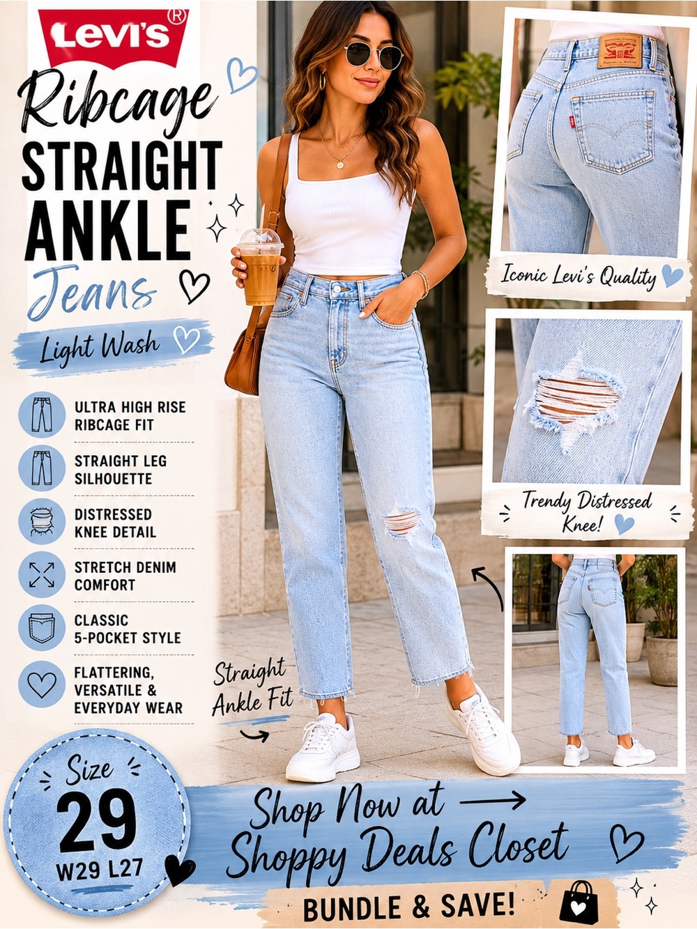 Levi’s Ribcage Straight Ankle Jeans Size 29 Light Wash Distressed High Rise